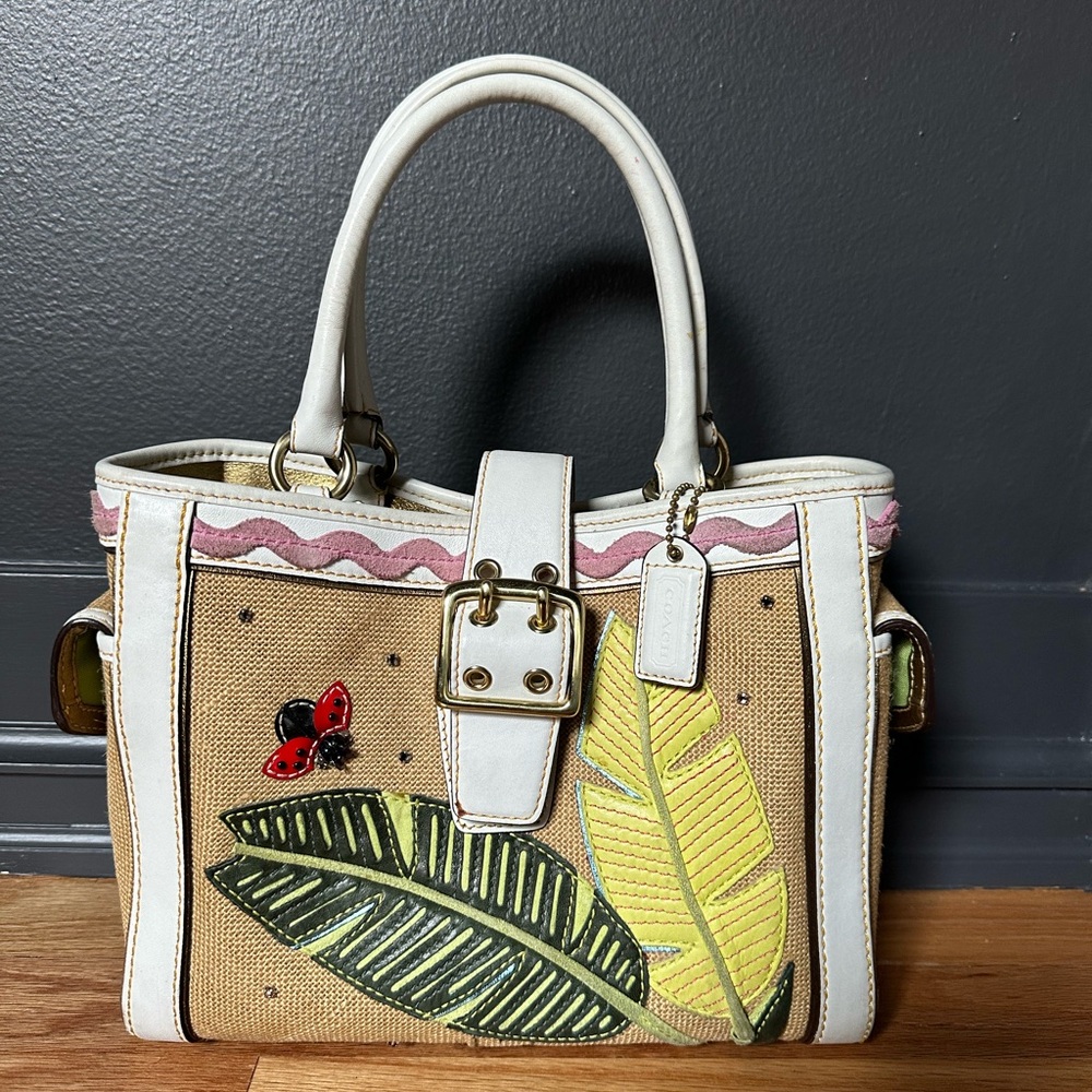 Coach Straw and White Leather with Ladybug Tote Style No. L04K- 4439